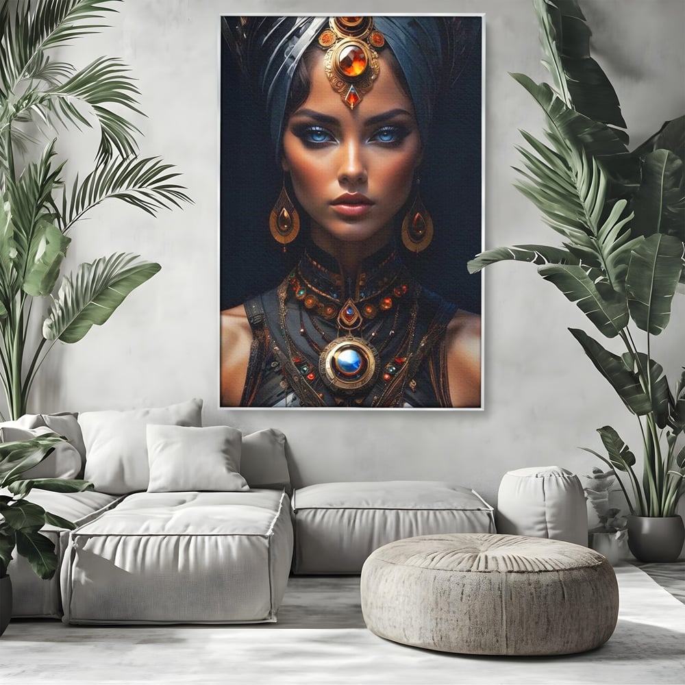 Tablou canvas cu portret de femeie cu turbant si bijuterii, in rama de aluminiu argintiu, pe perete intr-un living